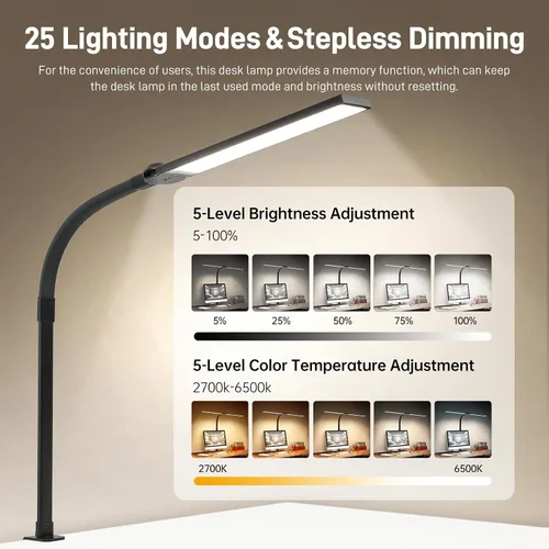 Vista 3 de Lámpara de Escritorio LED para Oficina en Casa, Luz de Escritorio que Cuida los Ojos con Abrazadera, Lámpara de Trabajo de Arquitecto de Doble