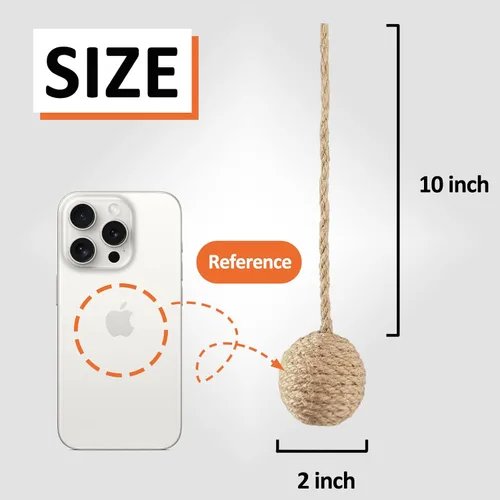 Vista 5 de Pelota de juguete para gatos de 2 pulgadas con cuerda de sisal de 10 pulgadas y campana silenciosa, material de sisal natural para una diversión