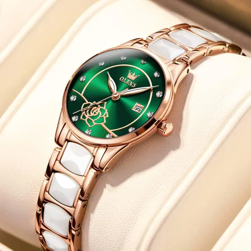 Vista 3 de OLEVS Relojes para mujer, oro rosa, de dos tonos, de moda, de cerámica, blanco, esfera rosa, roja, acero inoxidable, fecha impermeable