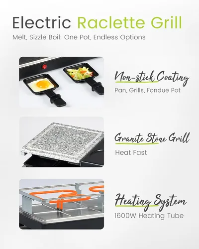 Vista 11 de Parrilla de Mesa Raclette - Parrilla Eléctrica Interior con Plancha - Antiadherente Extra Grande Reversible 4 en 1 para Exteriores Apta