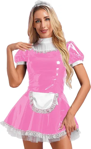 Vista 2 de Vestido de sirvienta de látex francés de manga corta para mujer, disfraz de cosplay con delantal
