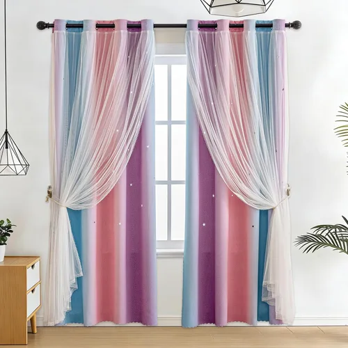 Vista 25 de Anytime - Cortinas para dormitorio de niñas con estrella hueca, cortinas opacas para habitación de niños, cortinas largas para oscurecer