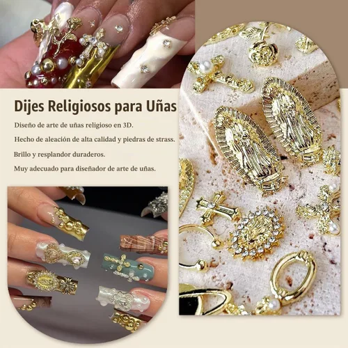 Vista 4 de Dijes de cruz 3D para uñas, cuentas doradas de perlas de uñas con parte trasera plana para manualidades, bonitos dijes de uñas Y2K con diamantes
