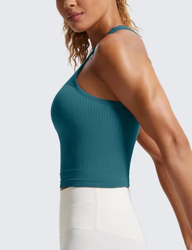 Vista 4 de CRZ YOGA Brasier deportivo de cuello alto acanalado sin costuras para mujer, espalda cruzada, acolchado, ajustado, con brasier integrado