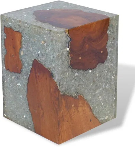 Vista 4 de Taburete de madera maciza de teca y resina, taburete de tocón de árbol con borde vivo, mesa auxiliar de borde natural, soporte para plantas, mesita