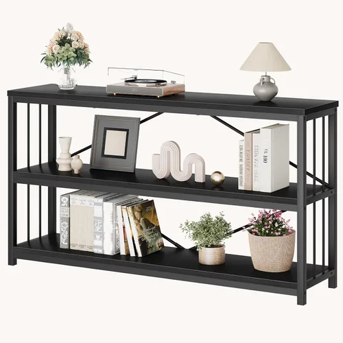 Vista 10 de LVB Mesa consola negra, mesa de entrada moderna para pasillo y sala de estar, mesa de sofá industrial detrás del sofá, mesa de entrada de madera