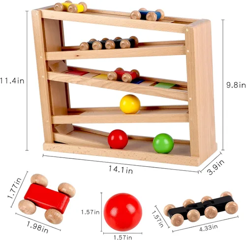Vista 7 de Qilay Juguete de carreras de madera para niños pequeños, juego de rampa de coche de carreras de 5 niveles incluye 4 autos de madera y 3 pelotas