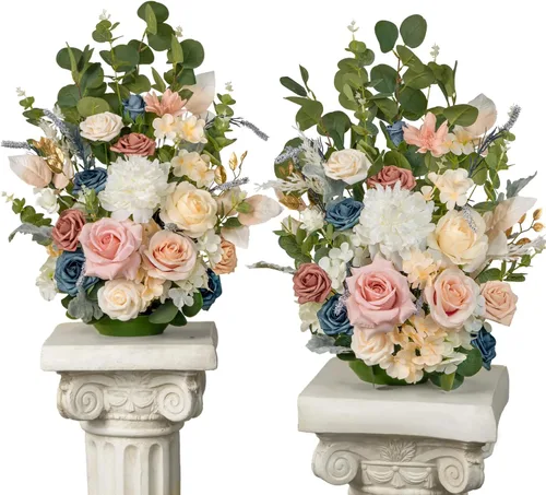 Vista 14 de TINGE TIME Juego de 2 flores artificiales de pie, centro de mesa con almohadilla de goma, flor falsa de seda para centro de mesa de boda, arco