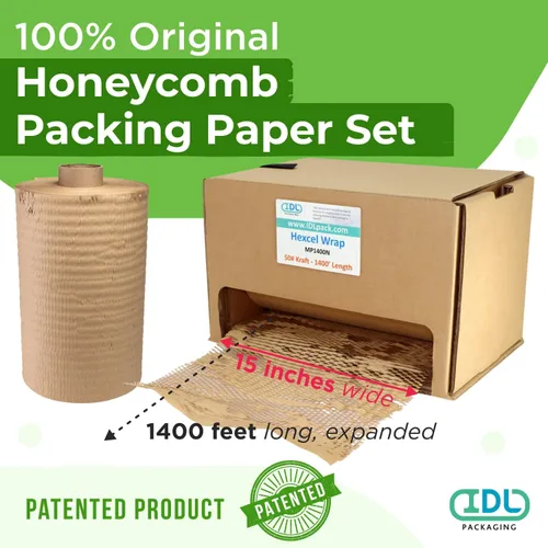 Vista 2 de IDL Packaging Juego de papel de embalaje de panal, marrón, rollo de papel kraft HexcelWrap de 15 pulgadas x 1400 pies en caja autodispensada + 1