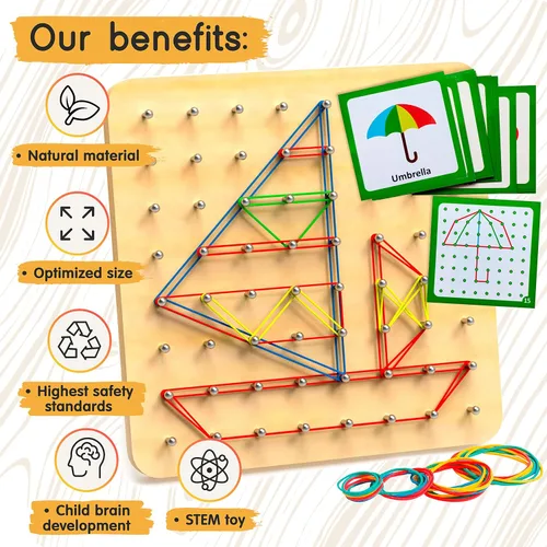 Vista 2 de Panda Brothers Tablero geométrico de madera - Juguetes Montessori para niños de 3, 4 y 5 años y niños pequeños, juguete educativo con 30 tarjetas