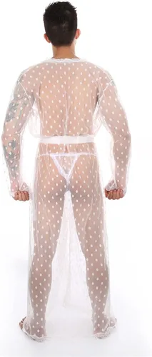 Vista 4 de Batas tipo kimono de encaje para hombre, manga larga, sexy, malla transparente, con cinturón, bata de baño, tanga transparente