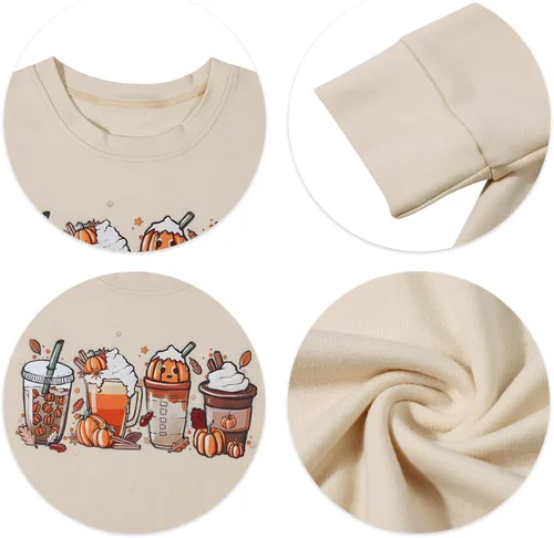 Vista 4 de LOTUCY Sudaderas de Halloween con diseño de calabaza y café para mujer, diseño de calabaza, especias, latte, otoño, cuello redondo, manga larga