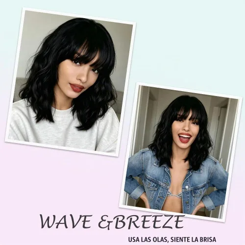 Vista 8 de Peluca negra con flequillo para mujeres negras, cabello rizado y ondulado de 14 pulgadas Negro