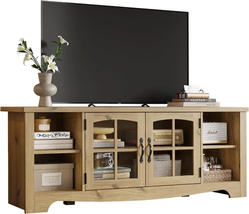 Vista 9 de LINSY HOME Soporte de TV estilo granja para TV de 65 pulgadas, centro de entretenimiento de madera con gabinete de almacenamiento con puerta