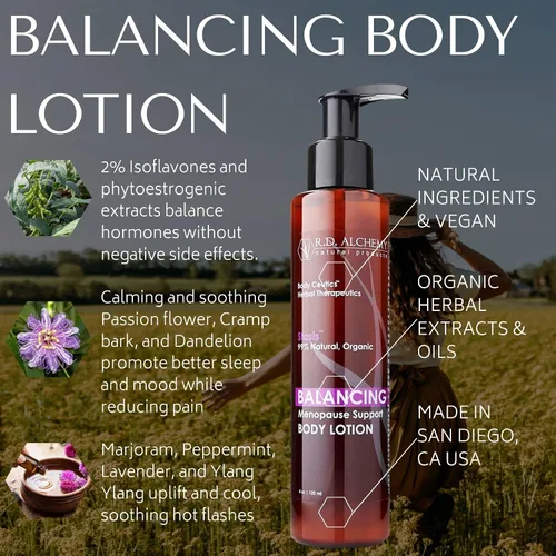 Vista 3 de RD Alchemy - Loción corporal natural y orgánica para equilibrar la menopausia - Los aceites ricos hidratan la piel seca y crepé mientras que