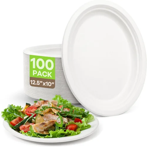 Vista 8 de Platos de papel ovalados compostables, 12.5 pulgadas, paquete de 25 platos desechables de bagazo resistentes, ecológicos, biodegradables