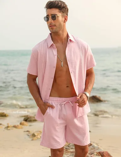 Vista 3 de LecGee Conjunto corto casual de verano para hombre, camisa cubana de lino de manga corta, pantalones cortos con cordón en la cintura, trajes