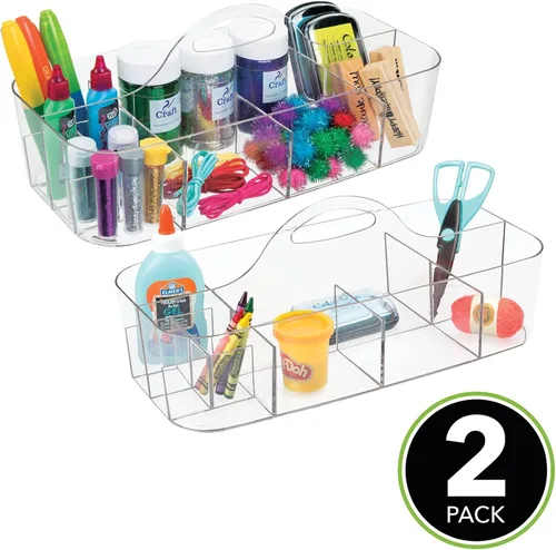 Vista 2 de mDesign Organizador de plástico dividido para arte y manualidades, con asa para oficina en casa y sala de estar, capacidad para lápices, crayones