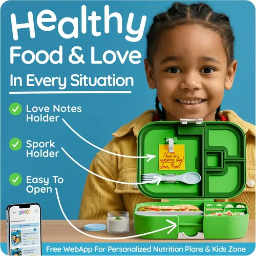 Vista 2 de YOOPI Fiambreras para niños con 4 compartimentos a prueba de fugas, lonchera para la escuela con contenedores para lonchera, caja de sándwich ligera