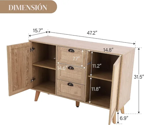 Vista 2 de PHI VILLA Armario de ratán - Aparador buffet de acento con puertas y cajones, mesa consola de ratán