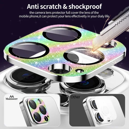 Vista 4 de Protector de lente de cámara para iPhone 14 Pro/iPhone 14 Pro Max, cobertura completa 3D con purpurina brillante, calidad de imagen sin afectación