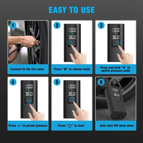 Vista 9 de Inflador de neumáticos, compresor de aire portátil, bomba de aire automática para neumáticos de automóvil, accesorios de automóvil con manómetro