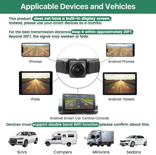 Vista 2 de Cámara de respaldo WiFi para auto, GreenYi 5G 720P HD para matrícula trasera/vista frontal reversa para iPhone iPad Android teléfonos inteligentes