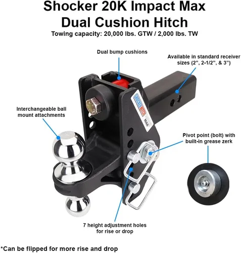 Vista 3 de Shocker Impact Max Cushion Hitch y bola combinada, elevación de 4" a caída de 4", se adapta a enganche de 2-1/2", negro, combo con bolas de 2