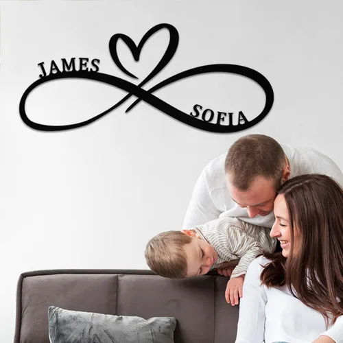 Vista 2 de Letrero de metal personalizado para boda, nombre y fecha de pareja con diseño de corazón infinito, decoración de pared única y aniversario, regalo