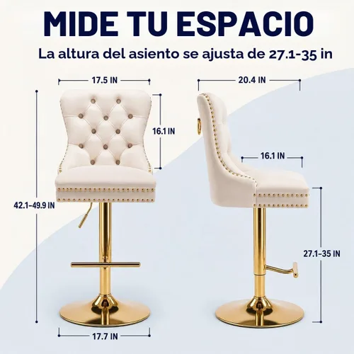 Vista 2 de ODUSE-DAILY Juego de 2 taburetes de bar giratorios de terciopelo beige con respaldo tapizado, taburetes de bar ajustables en altura de mostrador