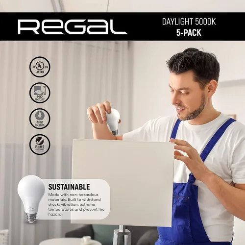 Vista 4 de REGAL - Bombilla LED A19 (800 lúmenes, 9 W, equivalente a 60 W, base E26, intensidad no regulable)