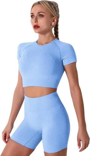 Vista 5 de IDOPIP Conjuntos de entrenamiento para mujer, 2 piezas, traje de yoga, brasier deportivo sin costuras, top corto + leggings de cintura alta