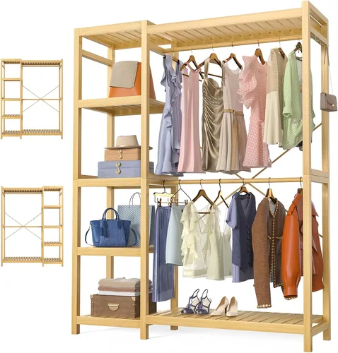 Vista 14 de Homykic Perchero de bambú para colgar ropa, perchero resistente con estantes ajustables de 7 niveles, varillas dobles, 4 ganchos, sistema de armario