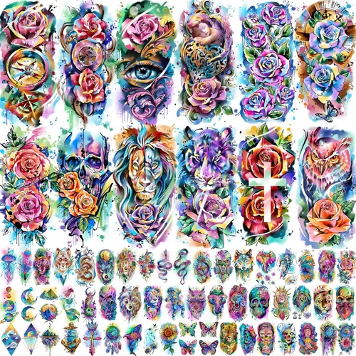 Vista 13 de 15 hojas de tatuajes temporales de colibrí de acuarela 3D de FANRUI para mujeres y niñas, pequeño, multicolor, colibrí, tatuaje, temporal, colorido