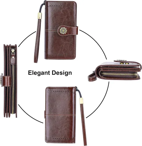 Vista 4 de Lavemi - Cartera de piel con bloqueo RFID para mujer, de gran capacidad, para llevarla a la muñeca