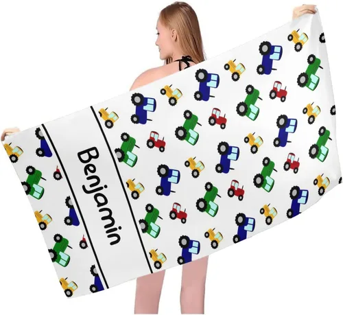 Vista 7 de Toalla de playa personalizada con patrón de tractores verdes con alfombrilla de nombre de 30 x 60 pulgadas, manta grande de piscina para mujeres