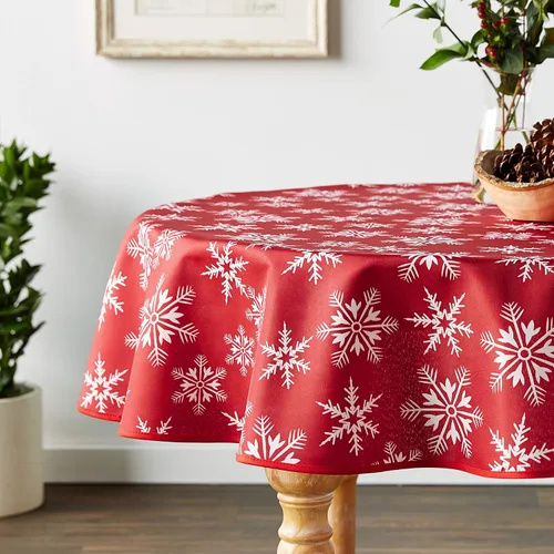 Vista 5 de Violet Linen Manteles rojos decorativos con diseño de copos de nieve navideños - 60" redondos
