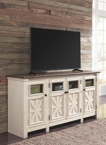 Vista 12 de Diseño de firma por Ashley Bolanburg - Soporte extra grande para TV, para televisores de hasta 72", 3 gabinetes, estantes de almacenamiento