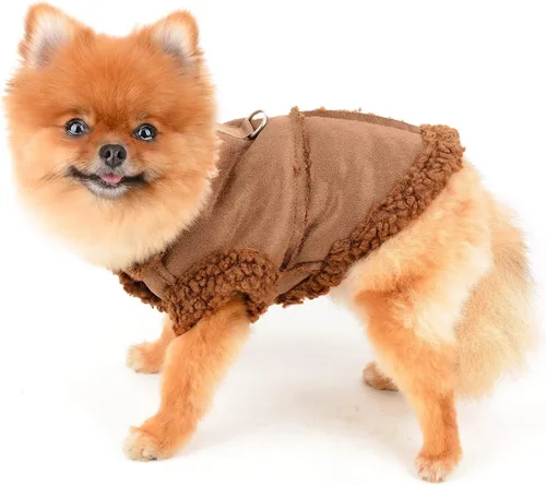 Vista 2 de SMALLLEE_LUCKY_STORE Chaqueta de gamuza sintética para mascotas, abrigo de invierno con forro polar mullido con anillo en D para perros pequeños