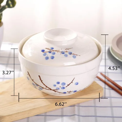 Vista 2 de WHJY Vajilla japonesa creativa de cerámica pintada a mano con tapa para sopa y fideos, con función de preservación del calor, cuenco y tapa azul