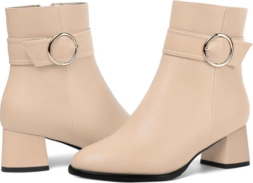 Vista 6 de MERRORI Botas altas de tacón bajo mate mate con cremallera y punta redonda para mujer, 2 pulgadas Beige