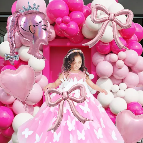 Vista 3 de Juego de globos de aluminio rosa princesa, 5 globos de lazo rosa, lámina de muñeca de corona y globos de corazón para maquillaje, cumpleaños