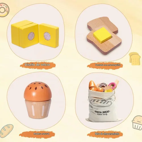 Vista 4 de Juego de madera para panadería, juguetes de comida, juego de cocina para niños, accesorios de cocina con bolsa de almacenamiento, juego