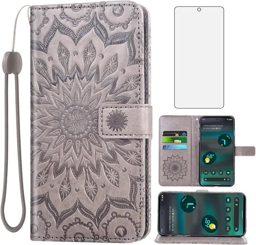 Vista 8 de Asuwish Funda de teléfono para Google Pixel 6A 5G 2022 con protector de pantalla de vidrio templado y piel de girasol, funda delgada con tapa