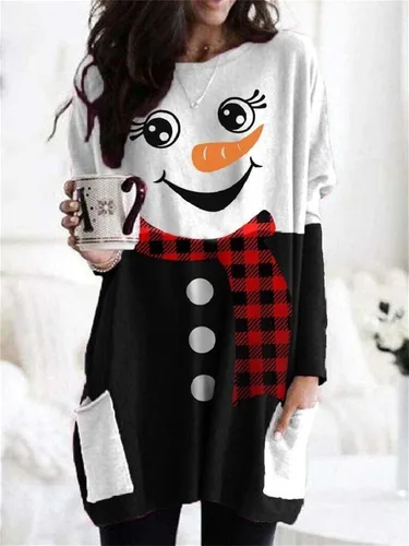 Vista 3 de Sudaderas para mujer, estilo feo, de Navidad, casual, de manga larga, estilo túnica, estampadas, blusas sueltas con bolsillo