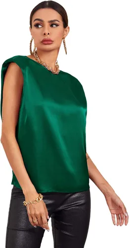 Vista 4 de Milumia Women's Elegant Shoulder Pad Sleeveless Satin Top Keyhole Back Solid Blouse