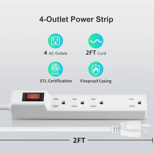 Vista 2 de Regleta protectora contra sobretensiones, paquete de 2 – 4 tomas de corriente y cable de extensión de 2 pies, 1875 W/15 A 90 julios, protección