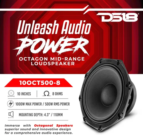 Vista 2 de DS18 10OCT500-8 PRO - Altavoz octágono de rango medio de 10 pulgadas, 1000 vatios máx. 500 vatios RMS 8 ohmios, audio de calidad premium