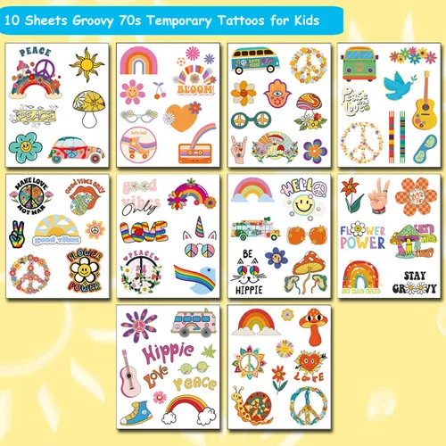 Vista 2 de CHARLENT Tatuajes temporales hippie para niños, 79 piezas Groovy 70s Flower Power Peace and Love Tattoos para niños y niñas, suministros de fiesta