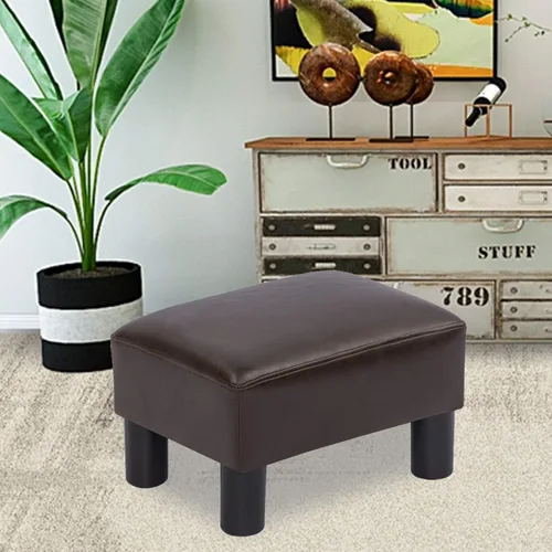 Vista 2 de Asense Taburete otomano de piel sintética, asiento acolchado rectangular pequeño con patas antideslizantes (marrón)